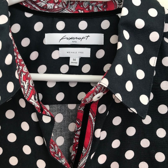 Foxcroft NYC button down shirt women 14 navy/white polka dots red paisley preppy - Picture 6 of 15